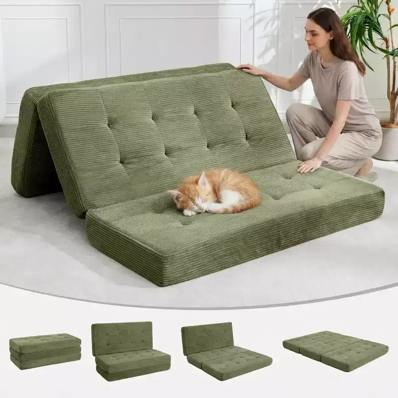SunnyFurn 15,24 cm dickes, dreifach faltbares Schlafsofa mit Matratze, klappbares Gästebett aus Schaumstoff, 190,5 × 138 cm, mit Cordbezug und Knopfheftung, tragbar für Camping, Wohnzimmer und Schlafzimmer