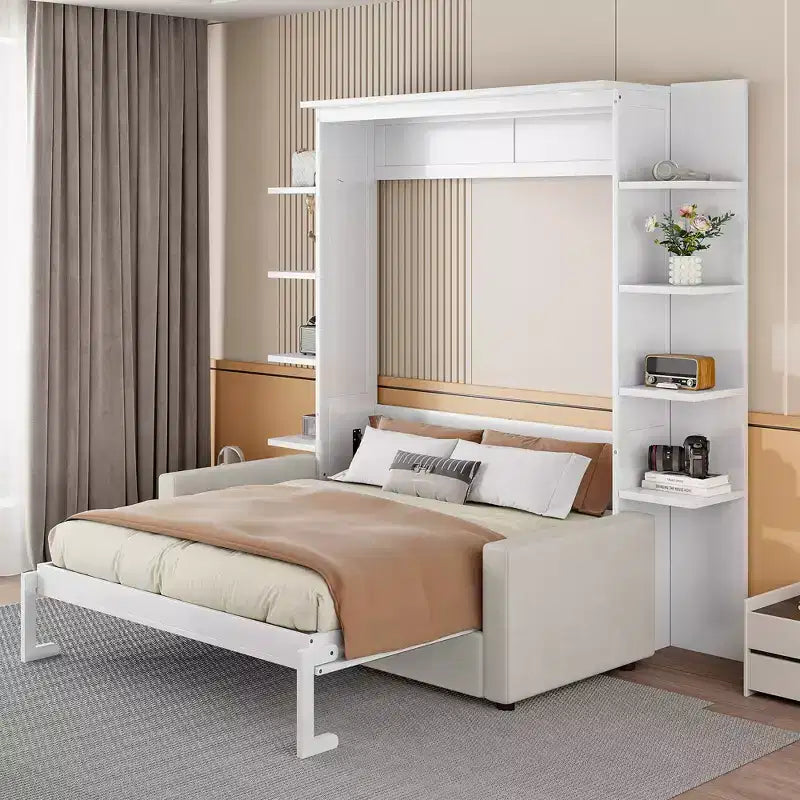 Murphy-Wandbett in Queen-Size mit Holzrahmen, modernem Design, Sofa und Regalen von Whisen