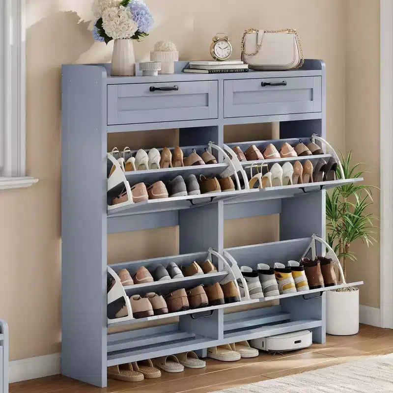 Schuhschrank mit 4 Klappfächern und 2 oberen Schubladen, Schuhschrank aus Holz mit verstellbarem Einlegeboden, freistehender Schuhschrank