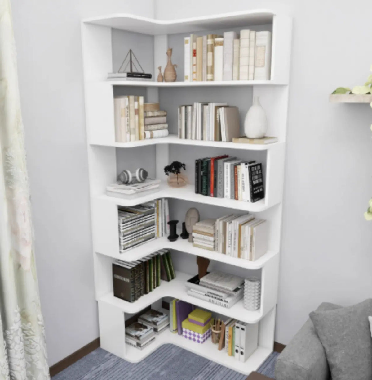 Hoekboekenkast van bewerkt hout met 6 planken