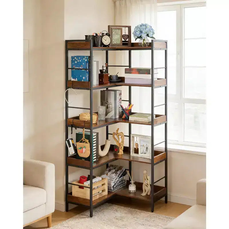 5-stufiges L-förmiges Eckbücherregal, 65 Zoll, industrielles Bücherregal aus Holz und Metall (Rustikbraun), wendiger Stauraum für Wohnzimmer, Schlafzimmer und Arbeitszimmer