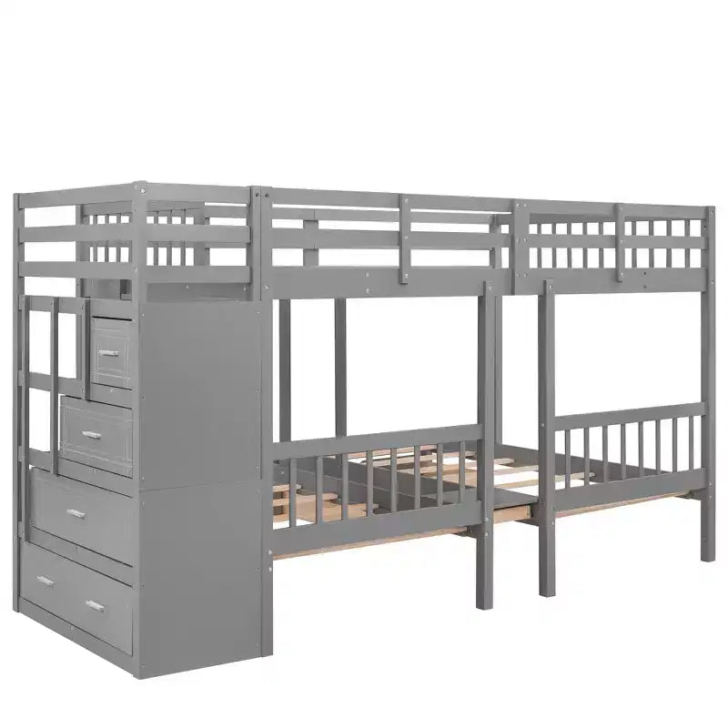 Whisen stapelbed met een twijfelaar boven een eenpersoonsbed en een extra eenpersoonsbed, houten driedubbel stapelbed met laden en valbeveiliging