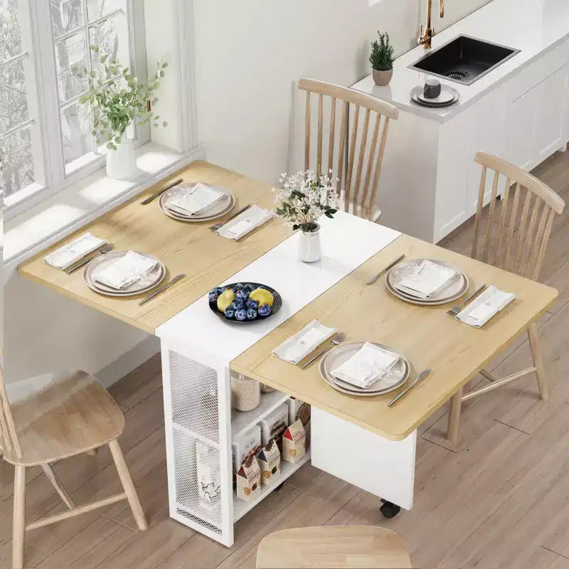 Klapptisch für die Küche, platzsparender Esstisch, ausziehbarer Küchentisch mit Klappplatten und 6 Rollen für kleine Räume