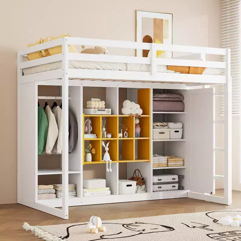 Lit mezzanine pour enfants avec armoire et étagères, cadre de lit mezzanine en bois avec meuble de rangement pour enfants et adolescents