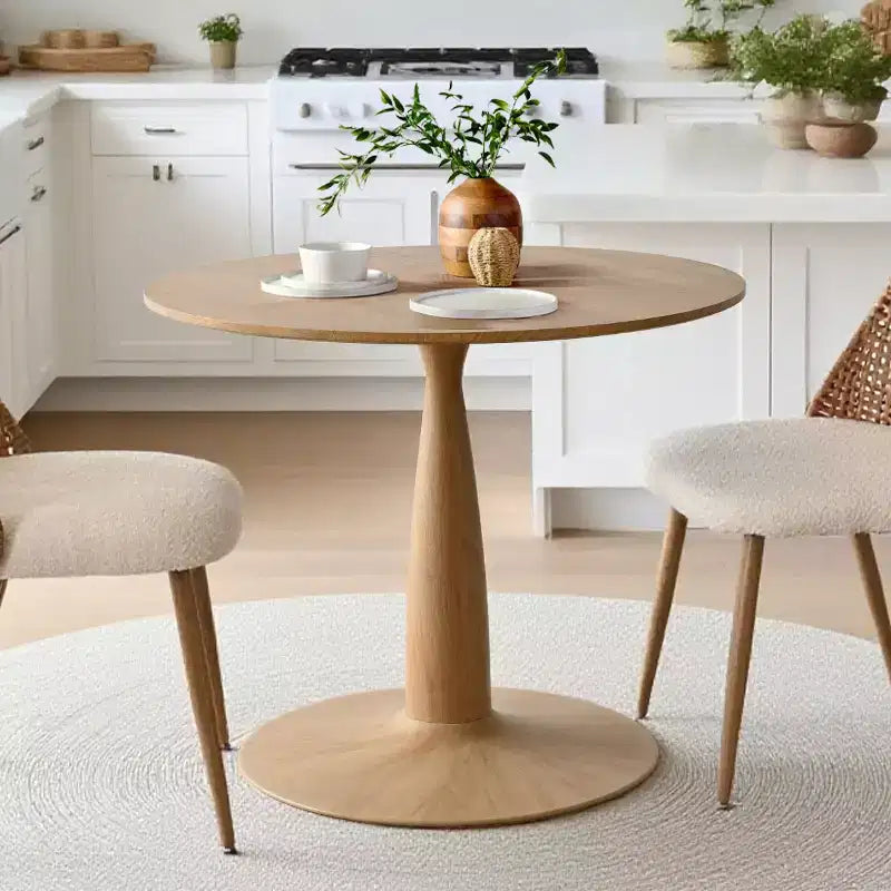 Moderne ronde eettafel met centrale voet en houtnerfafwerking, kleine keukentafel en salontafel voor appartement, eetkamer en woonruimte-Panipeachy
