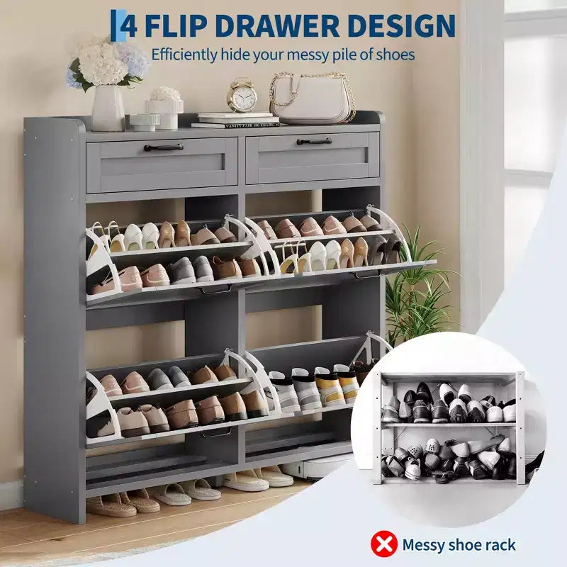Schuhschrank mit 4 Klappfächern und 2 oberen Schubladen, Schuhschrank aus Holz mit verstellbarem Einlegeboden, freistehender Schuhschrank