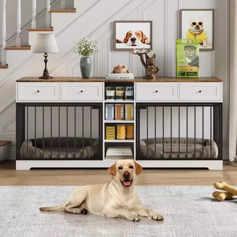 Meuble double cage pour chiens 82, grand chenil d’intérieur pour 2 chiens, cage en bois robuste faisant office de meuble TV avec 4 tiroirs et des étagères