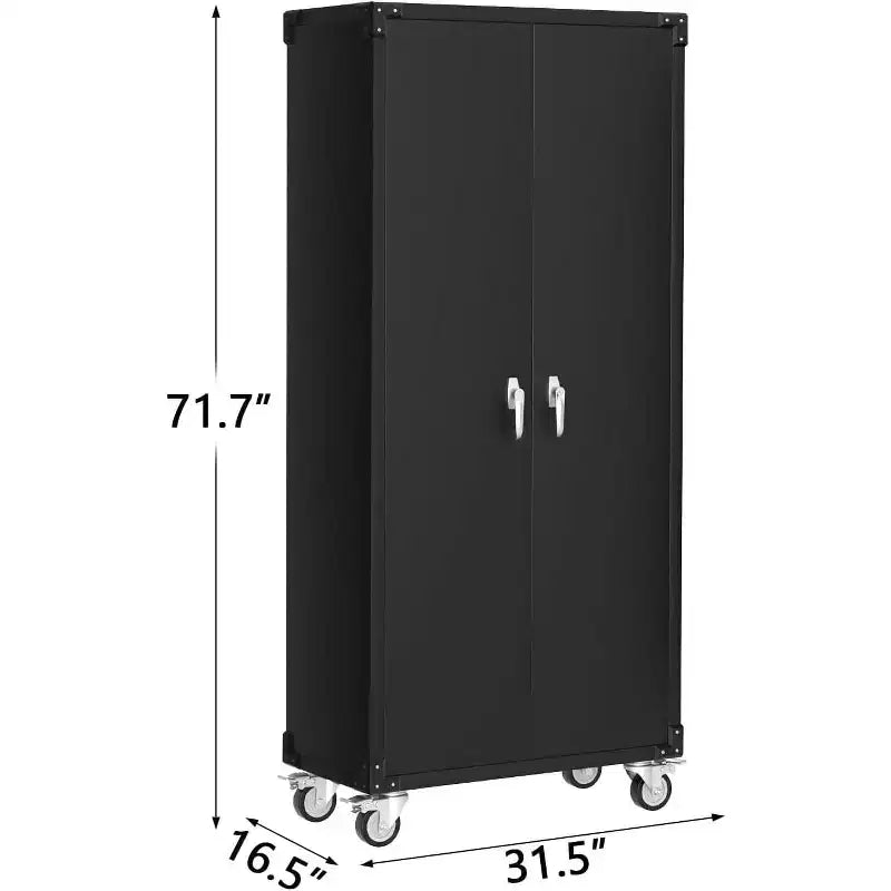 Garagekast op wielen met gereedschapsbord, afsluitbare metalen opbergkast van 72 H met 2 deuren en 4 verstelbare planken voor de garagewerkplaats