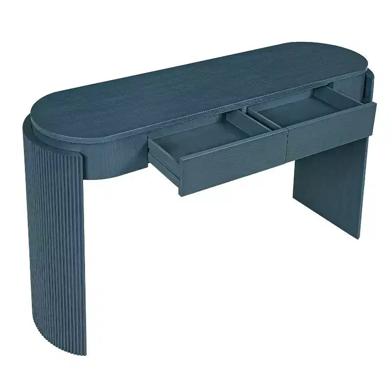 Table console moderne Merax à plateau ovale, avec pieds incurvés cannelés et deux tiroirs dissimulés