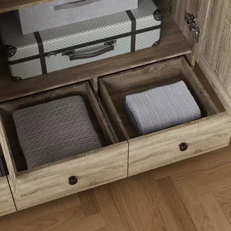 Armoire en rotin Famapy avec 3 tiroirs, placard à 3 portes en rotin respirant, grande armoire de rangement de style rustique pour chambre