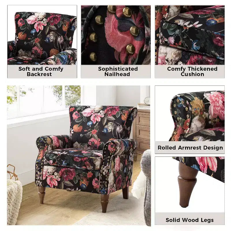 Araceli traditioneller gepolsterter Holzsessel mit Blumenmuster, Ohrenlehnen und Ziernägeln | ART OF LIVING DESIGNS