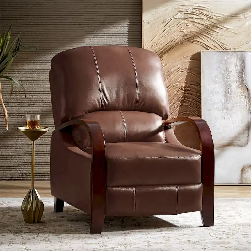 Fauteuil inclinable manuel Alex, style moderne du milieu du siècle, en cuir véritable coloris cigare, avec accoudoirs incurvés en bois