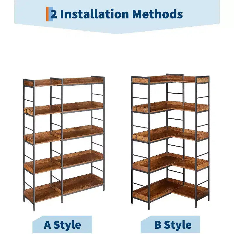 5-stufiges L-förmiges Eckbücherregal, 65 Zoll, industrielles Bücherregal aus Holz und Metall (Rustikbraun), wendiger Stauraum für Wohnzimmer, Schlafzimmer und Arbeitszimmer