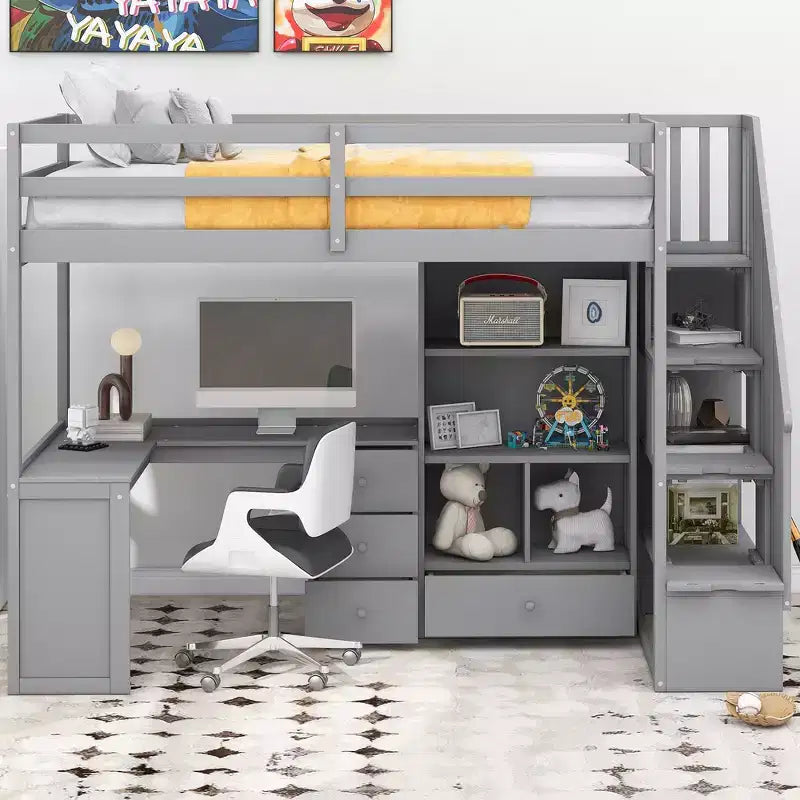 Hochbett in Einzelbettgröße mit L-förmigem Schreibtisch, 3 Schubladen, Schrank und Stauraum in der Treppe, Konstruktion aus massivem Kiefernholz/MDF