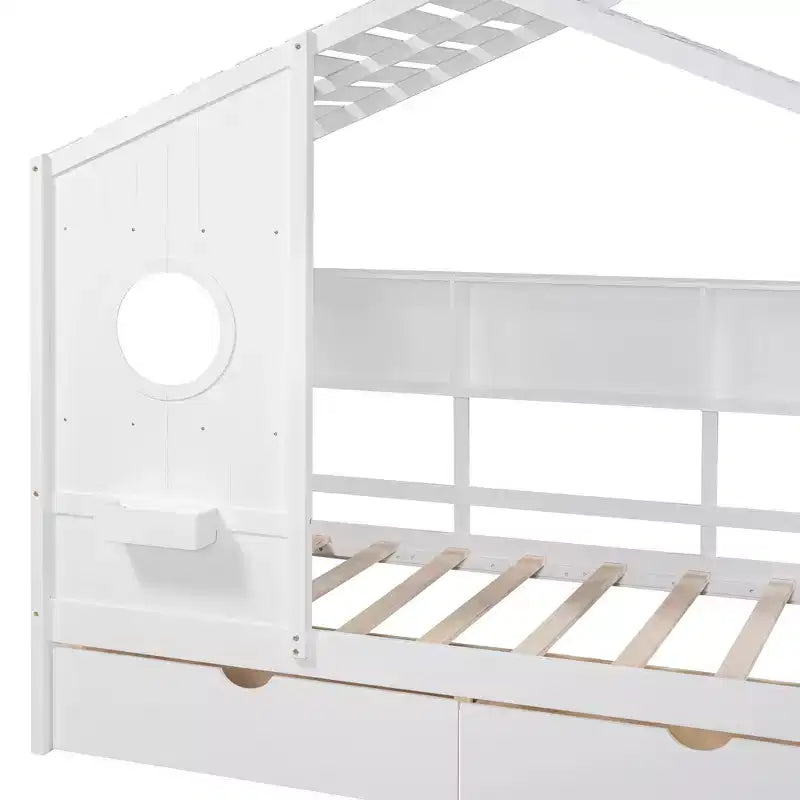 Holzhausbett in Twin-/Full-Size mit 2 Schubladen, Kinderbett mit Ablagefach - ModernLuxe
