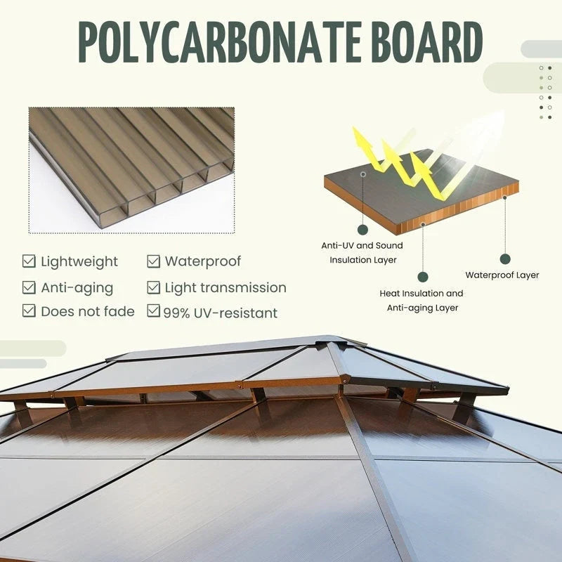 EROMMY Pavillon mit festem Dach, Pergola für den Außenbereich mit Doppeldach, Moskitonetz und Vorhängen, strapazierfähiges Sonnendach für Terrasse, Garten und Poolpartys