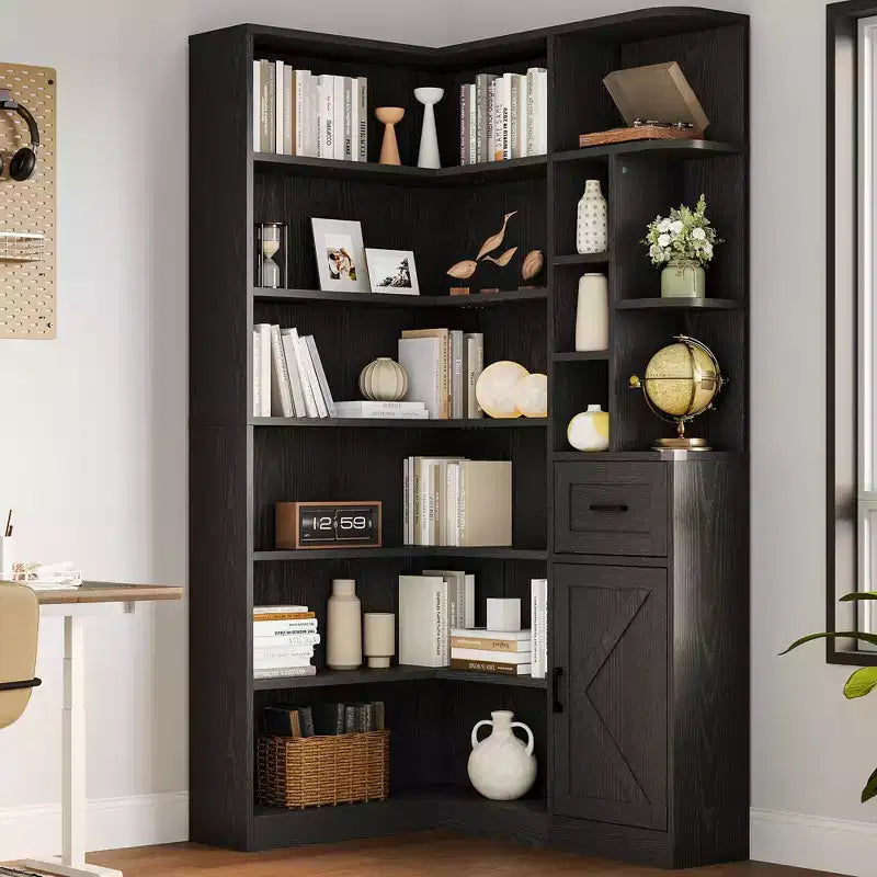 Bibliothèque d’angle, bibliothèque d’angle de 74 de haut, à 6 niveaux en L avec étagères ouvertes et tiroirs de rangement pour le salon ou le bureau à domicile