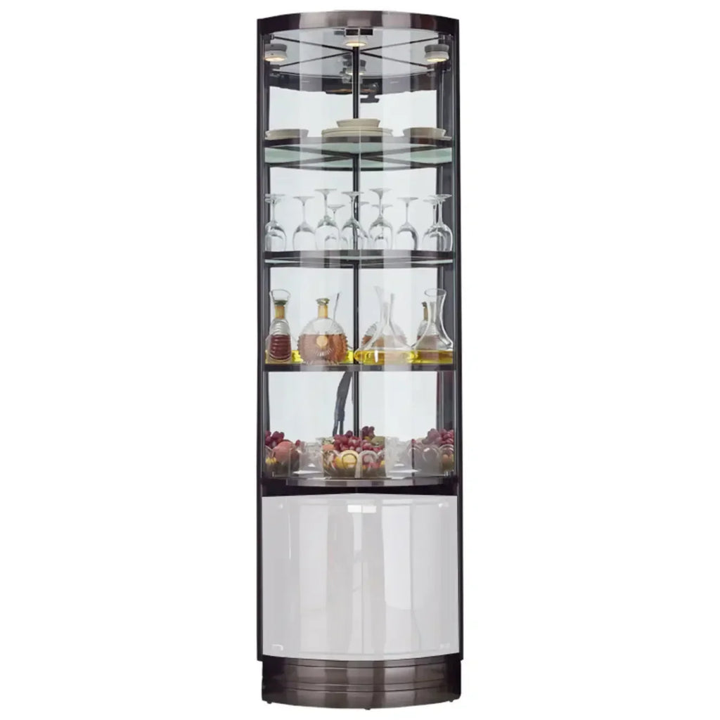 Meuble d’angle à plusieurs niveaux avec étagères en verre et métal, pour rangement, présentation et bouteilles de vin