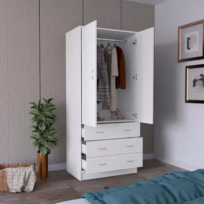 19 Moderner zweitüriger Kleiderschrank mit 3 Schubladen und 1 Kleiderstange fürs Schlafzimmer