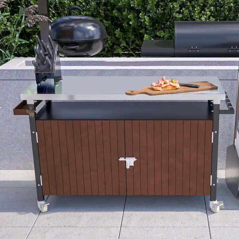 Buitengrillwagen met roestvrijstalen tafelblad (kruk niet inbegrepen)
