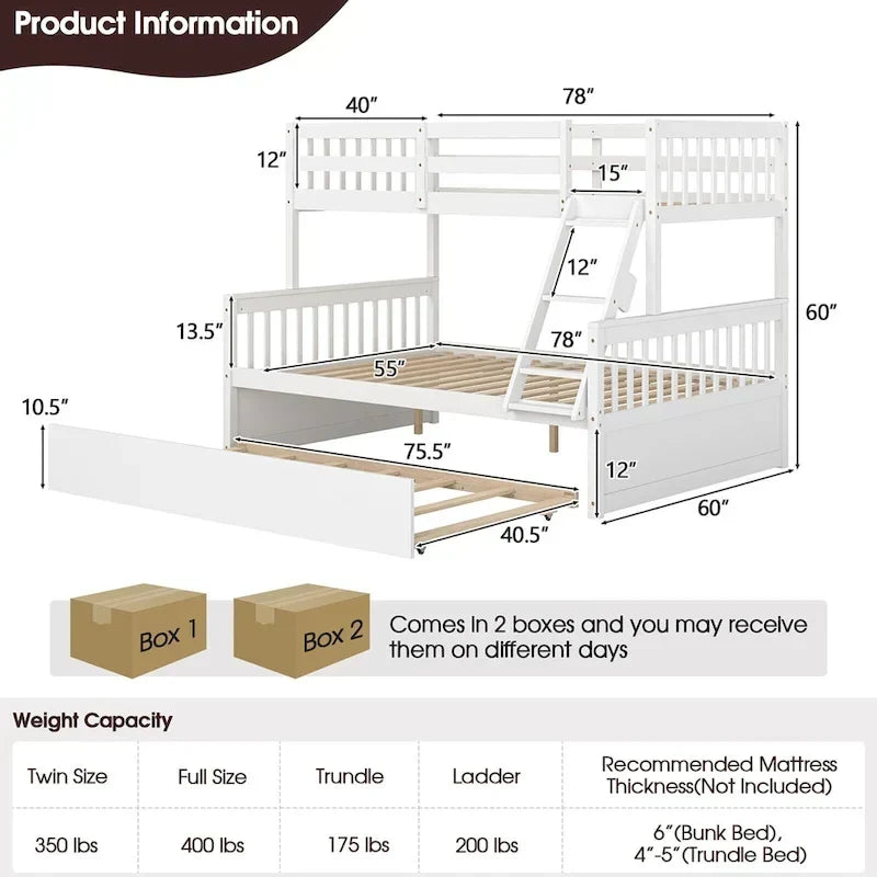 Lit superposé Gymax, couchage haut 1 place et couchage bas 2 places, avec lit gigogne 1 place et plateforme convertible