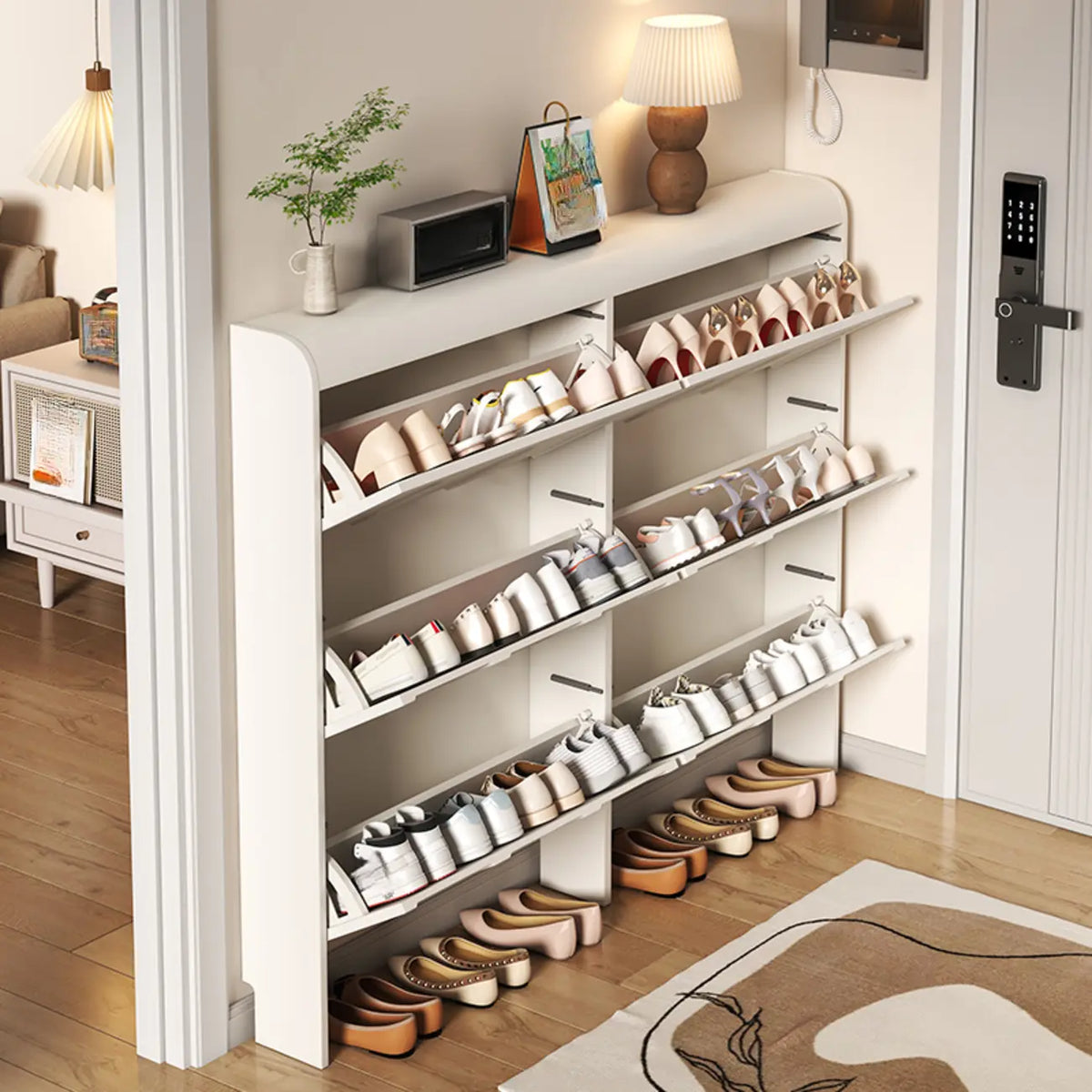 Slim Drop Front 3-Tier White Wood Shoe Storage Cabinet
