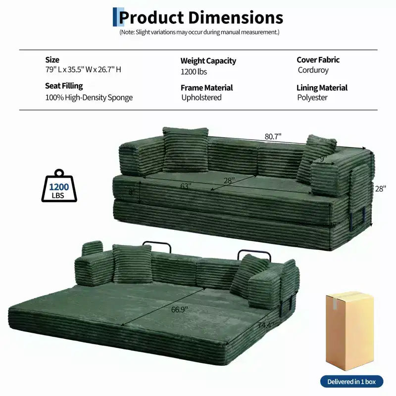 80.7 5-in-1-Schlafsofa mit Cordbezug, 1200 lbs, keine Montage erforderlich