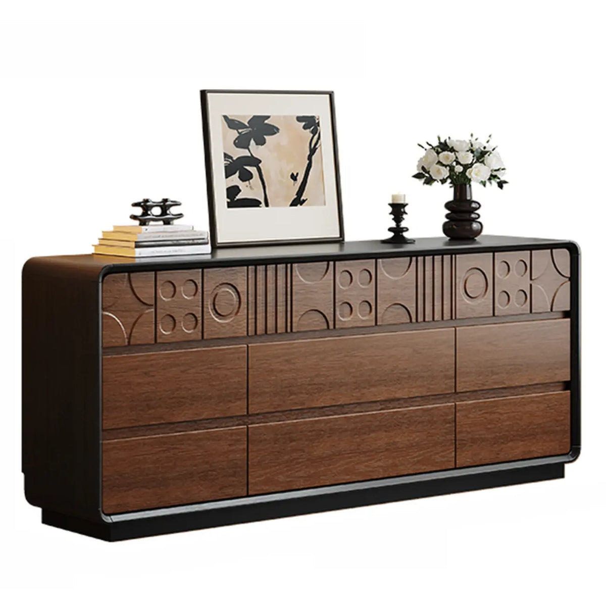Drewniana komoda inspirowana stylem art déco z geometrycznymi rzeźbieniami