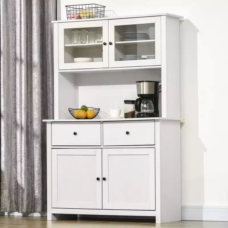 HOMCOM keukendressoir van 63.5 met opzetkast, voorraadkast met 4 planken, laden, glazen deuren met lijst en open werkblad voor magnetron