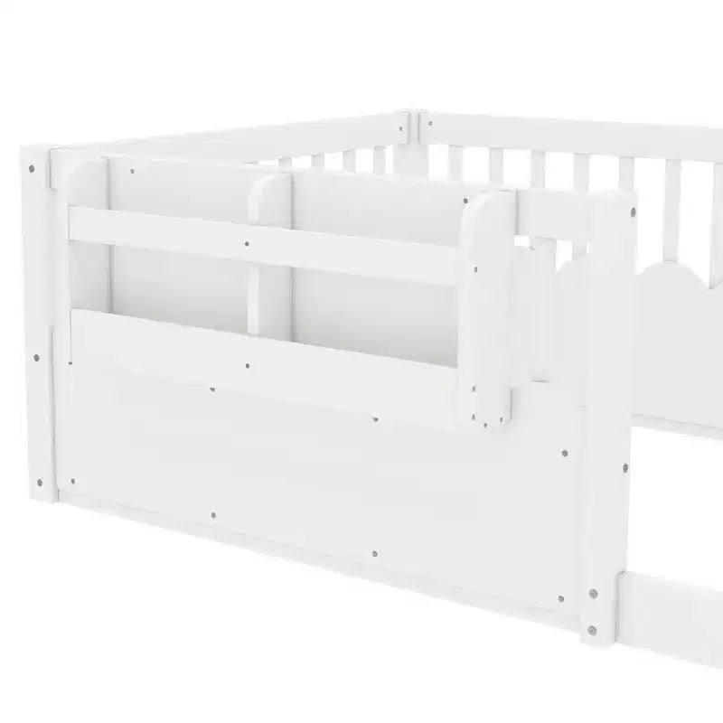 Lit au sol pour enfant Bellemave avec barrières surélevées et bibliothèque, cadre de lit Montessori en bois pour lit simple, pour filles et garçons