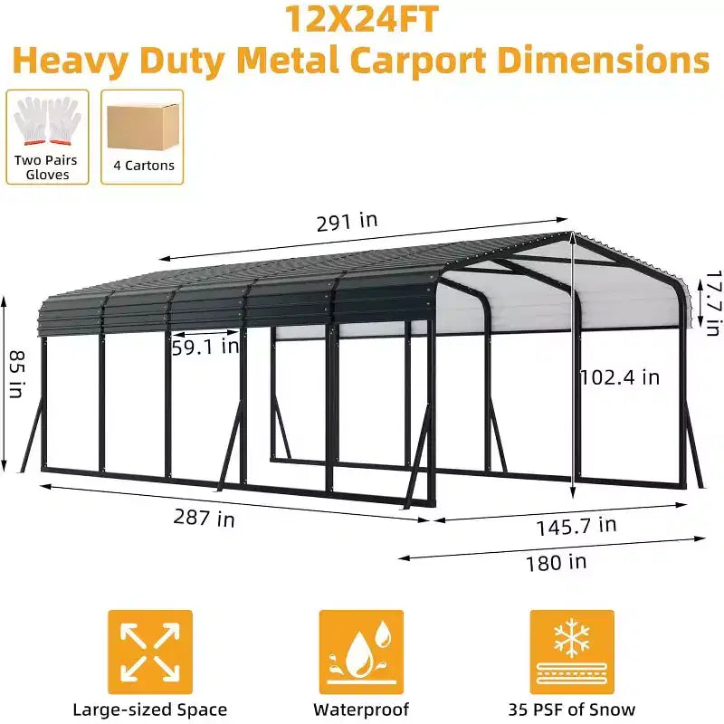 LinTimes 12x24 FT Metall-Carport mit Dach aus verzinktem Stahl, pulverbeschichtetem Rahmen und wasserabweisendem Schutz für Fahrzeuge im Freien