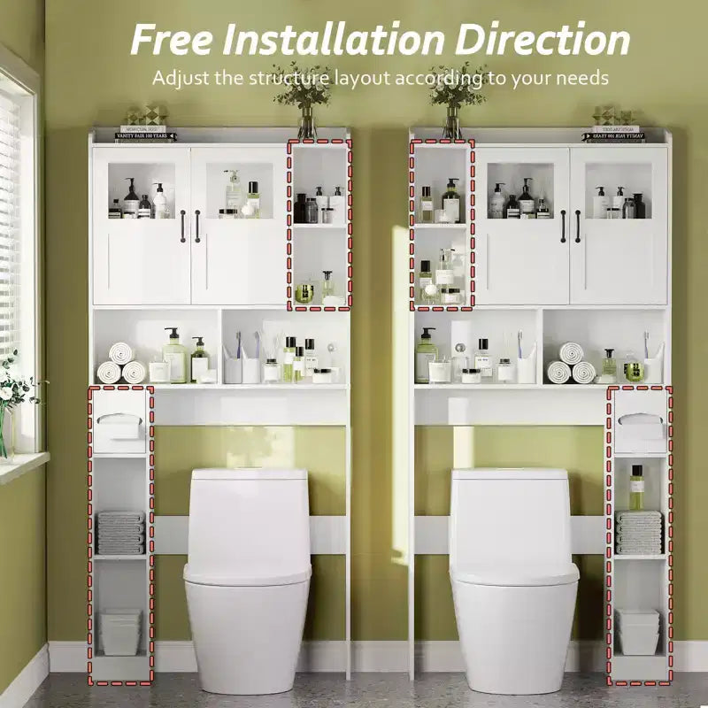 Meuble de rangement au-dessus des toilettes - 67.4 H, rangement de salle de bains de style champêtre avec étagère réglable et porte vitrée, pour salle de bains et buanderie