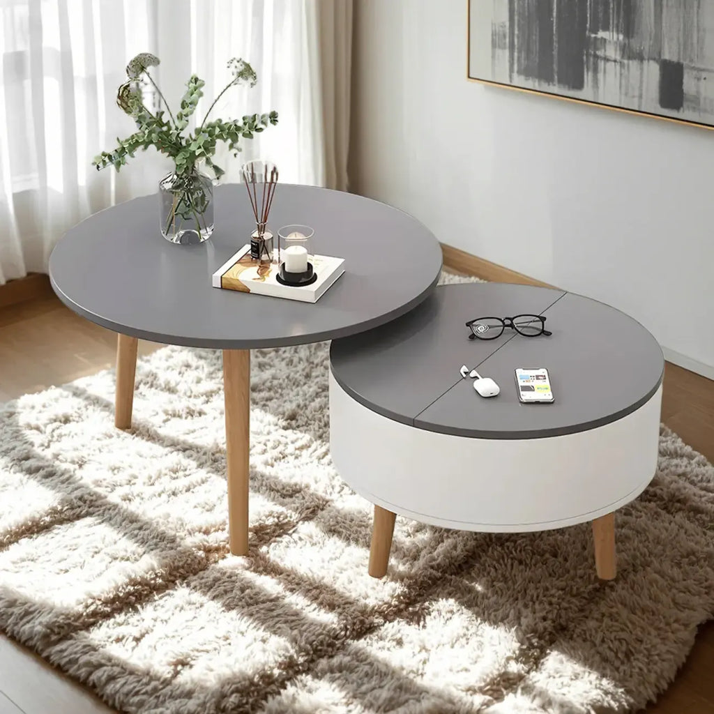 Moderner runder Couchtisch aus Holz in Schwarz und Weiß mit Stauraum
