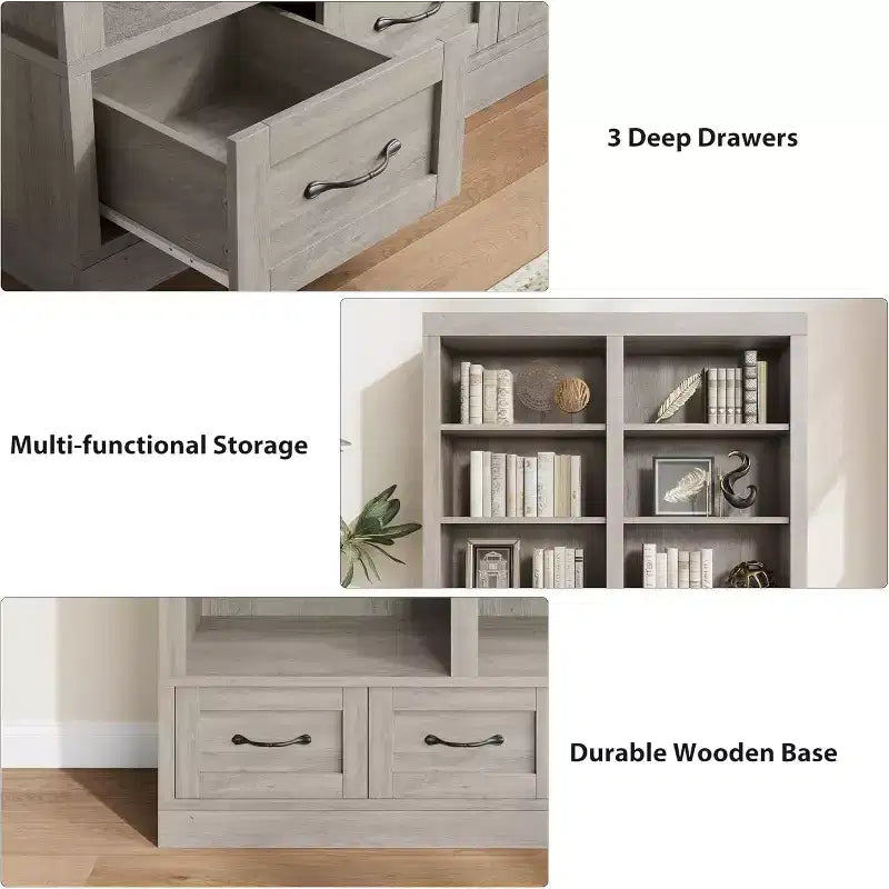 64 H Bücherregale und Bücherschränke, Bücherregal mit 3 Schubladen, 4 Ebenen, doppelt breit und offen, für Büro und Wohnzimmer