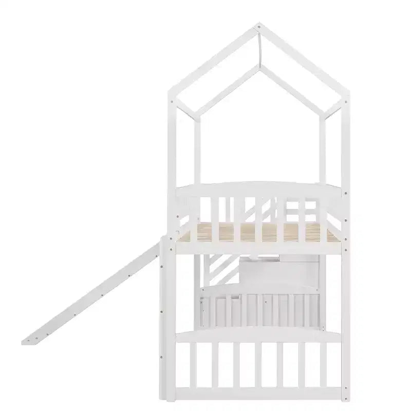 Hochbett in Hausform für Einzelbetten mit Rutsche und Treppe, Hochbett mit Schubladen, Holzhütten-Hochbett für Kinder und Kleinkinder
