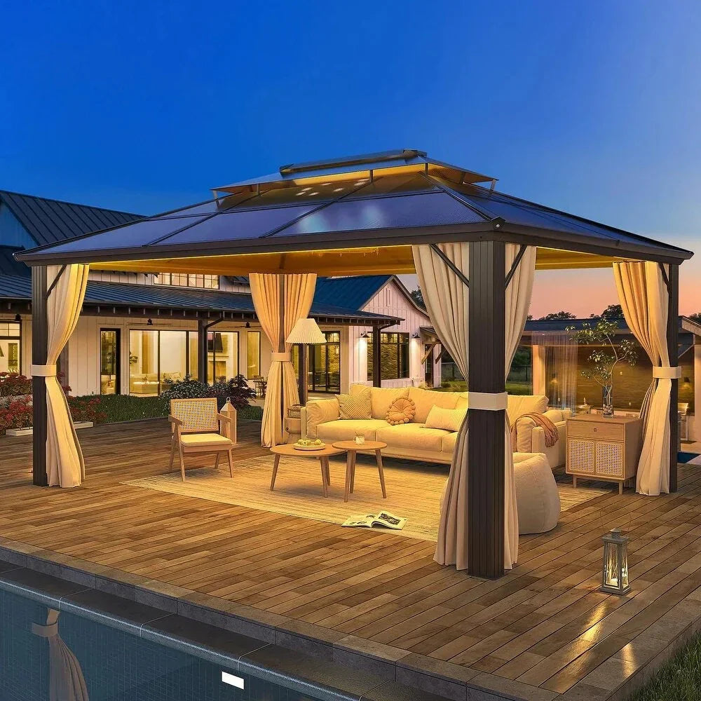 EROMMY Pavillon mit festem Dach, Pergola für den Außenbereich mit Doppeldach, Moskitonetz und Vorhängen, strapazierfähiges Sonnendach für Terrasse, Garten und Poolpartys