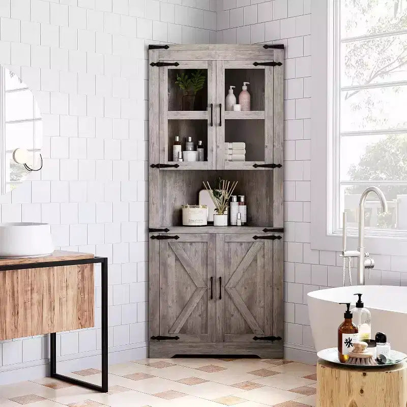 Meuble d’angle haut de 69 pouces, style farmhouse, rangement gain de place, porte vitrée, étagères réglables, pour le salon et la cuisine
