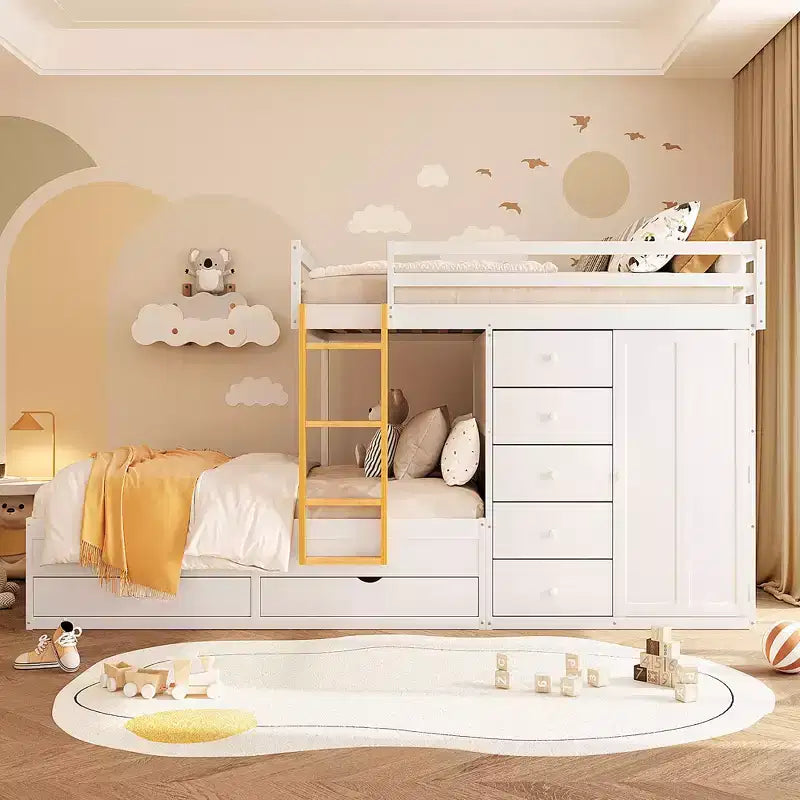 Lit superposé deux places avec lits deux places, armoire de rangement et tiroirs, lit superposé en bois deux places gain de place avec garde-corps pour appartement et chambre