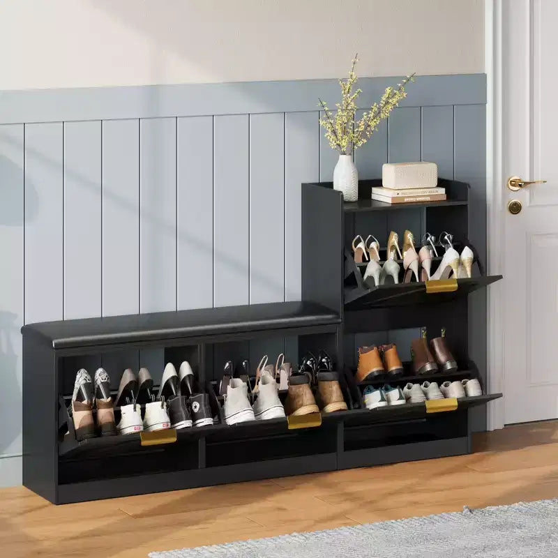 Szafka na buty w stylu wiejskim z ławką, 4 uchylne szuflady, organizer do przechowywania butów w przedpokoju z wygodnym, tapicerowanym siedziskiem, wolnostojąca ławka z półką na buty