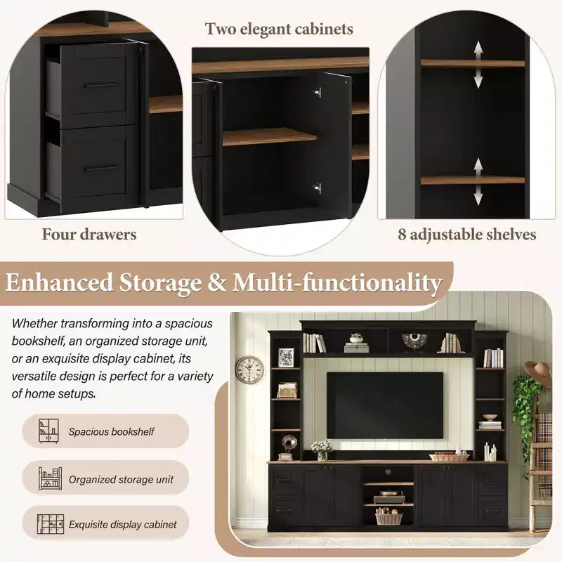 Meuble mural de divertissement de style champêtre ModernLuxe 4 en 1, compatible avec les téléviseurs jusqu'à 70, meuble TV et console multimédia avec étagères réglables et tiroirs