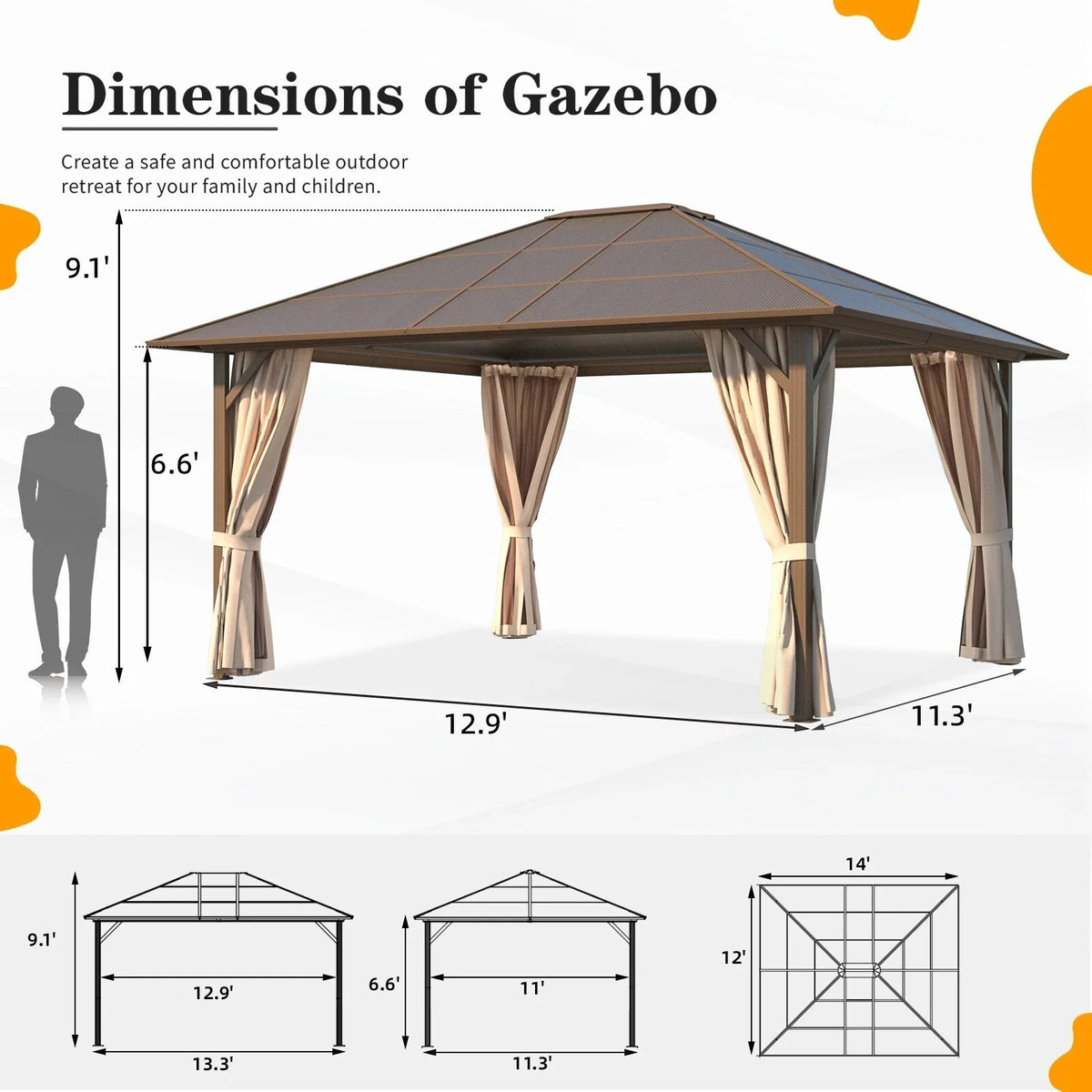 EROMMY Pavillon mit festem Dach, Pergola für den Außenbereich mit Doppeldach, Moskitonetz und Vorhängen, strapazierfähiges Sonnendach für Terrasse, Garten und Poolpartys