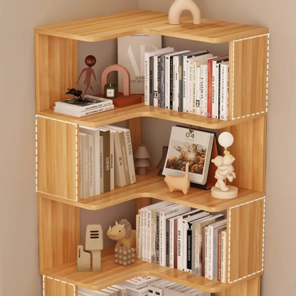 Hoekboekenkast van bewerkt hout met 6 planken