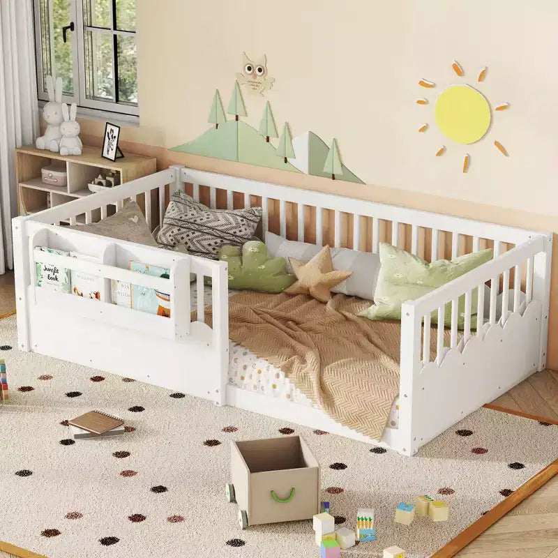 Lit au sol pour enfant Bellemave avec barrières surélevées et bibliothèque, cadre de lit Montessori en bois pour lit simple, pour filles et garçons
