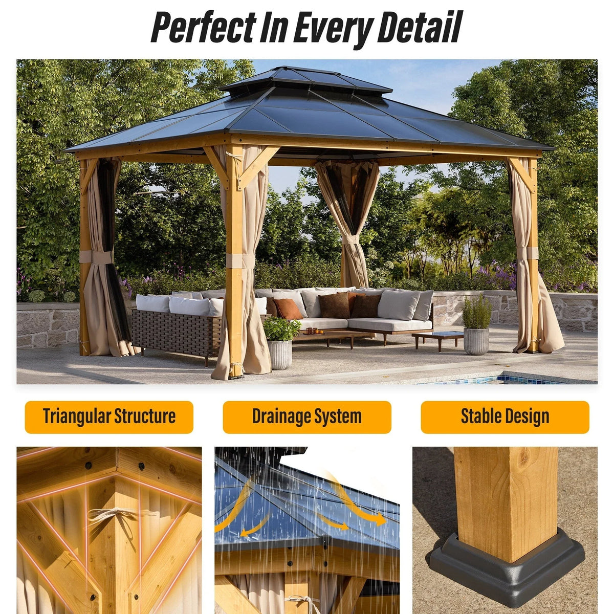 EROMMY Pavillon mit festem Dach, Pergola für den Außenbereich mit Doppeldach, Moskitonetz und Vorhängen, strapazierfähiges Sonnendach für Terrasse, Garten und Poolpartys