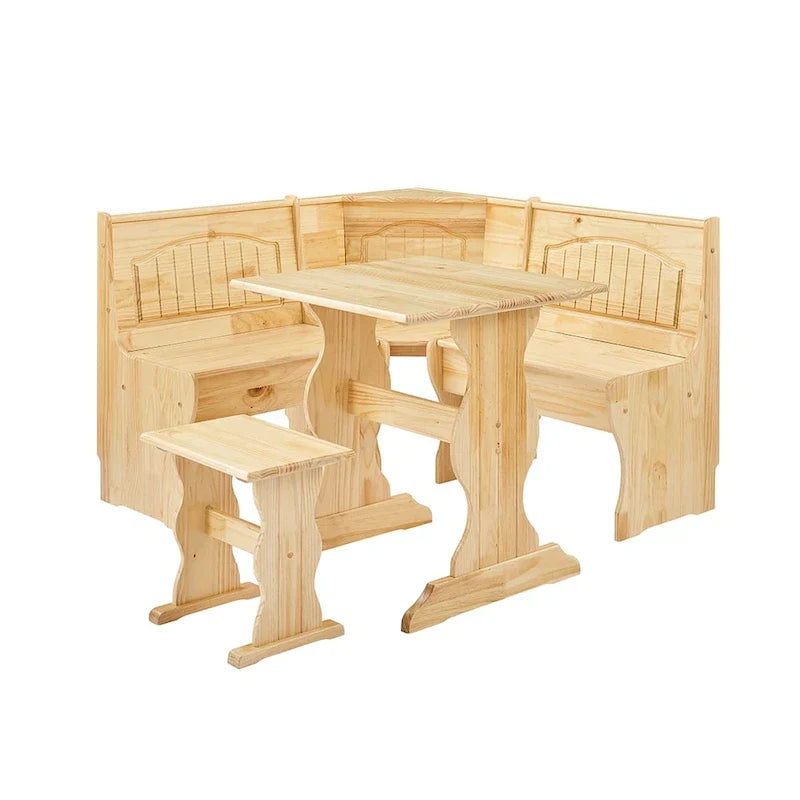 MUSEHOMEINC Frühstücksecke im traditionellen Stil, 3-teiliges Essgruppen-Set aus Massivholz mit Seitenbank und Esstisch mit verstecktem Stauraum