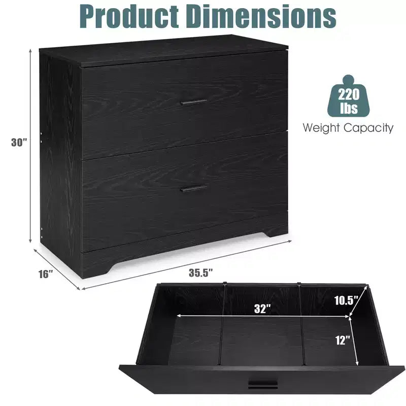 Archivador lateral de 2 cajones con barras ajustables para oficina en casa, negro