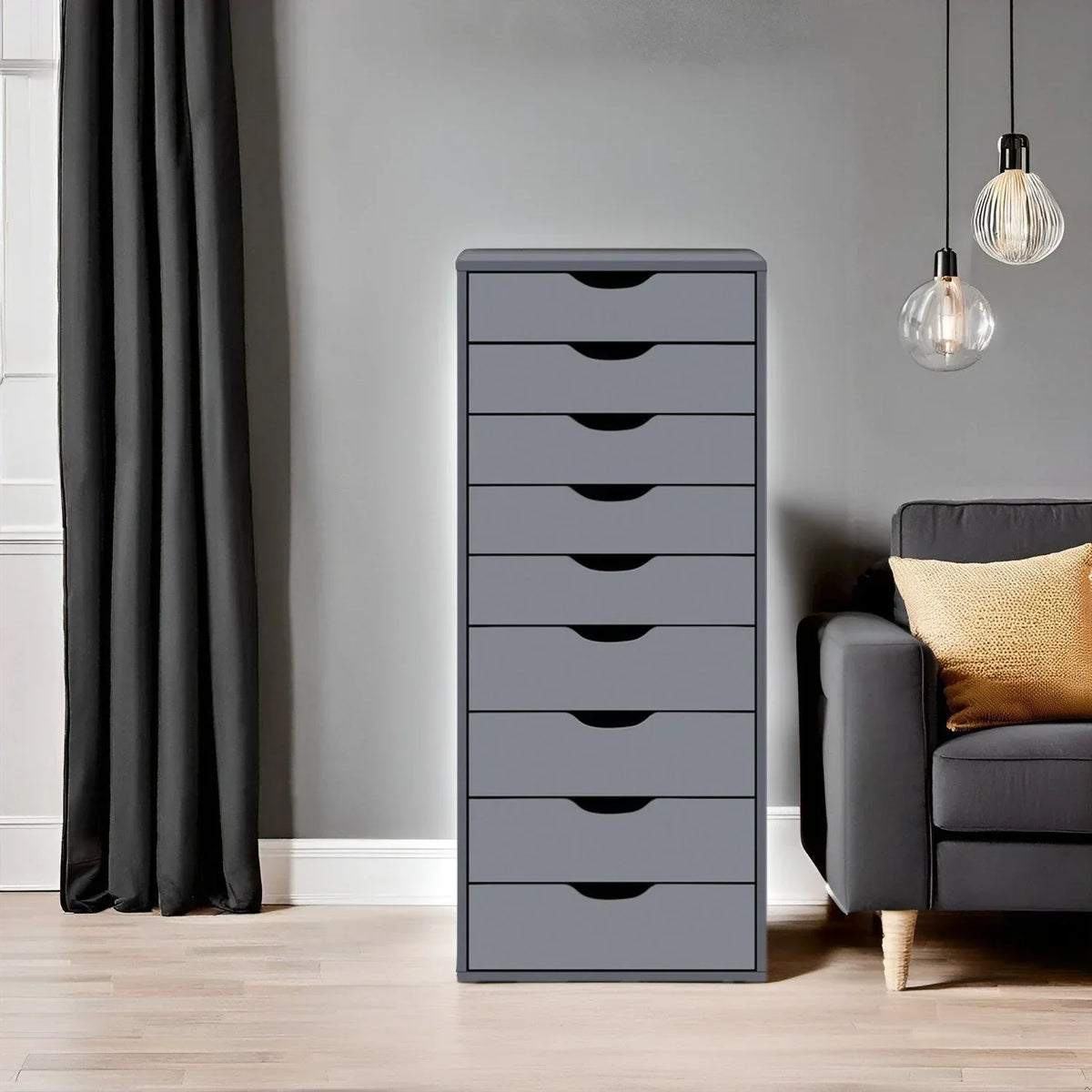 Smalle houten kast met 9 lades, soepel lopende lades en opbergplank bovenop