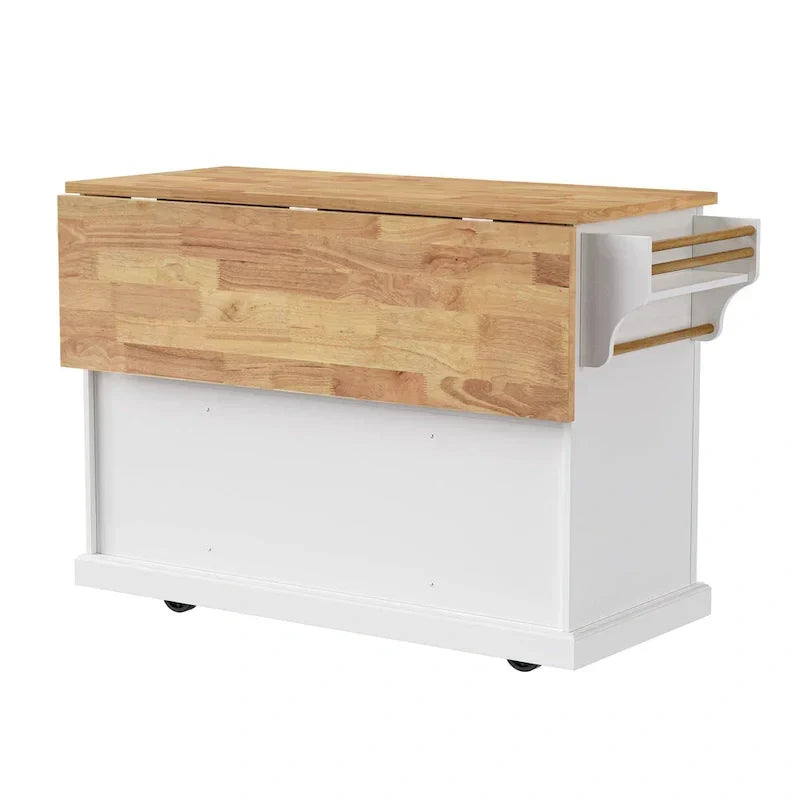 Grand îlot de cuisine avec rallonge rabattable en bois, chariot de cuisine roulant à texture gaufrée avec portes et tiroirs et rangements, blanc