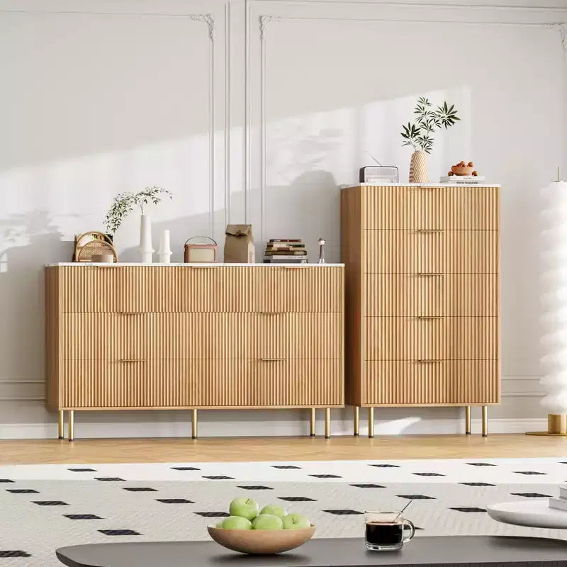 Commode blanche / marbre et bois à 5 tiroirs ?C panneau cannelé, pour 1 personne