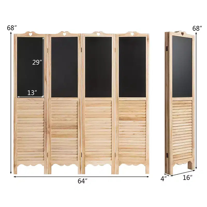 Paravent pliant 4 panneaux avec tableau noir, hauteur 1,74 m, bois naturel